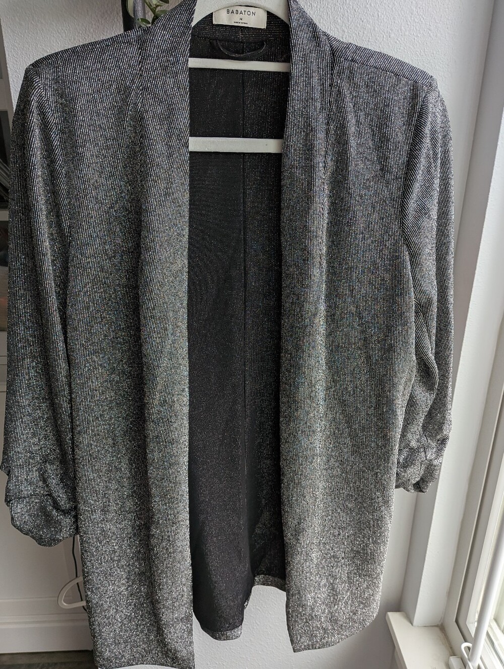 Babaton Aritzia Macauley Blazer M Black Silver Metallic Shimmer Ruched Sleeve
